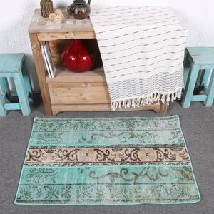 Turkish Rug, Vintage Rug, Patchwork Rug, Small Rug, Oushak Rugs, Rugs For Entry, 2.1x3.1 ft Green Rug, Overdyed Rug, Vintage Decor,  7469