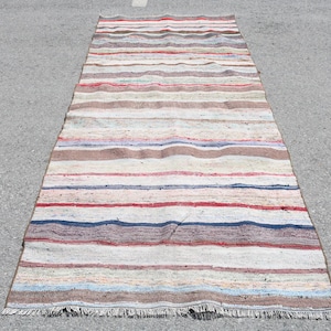 Handmade Turkish Rug, Striped Kilim, 4x10ft, Vintage Bohemian Decor, Outdoor Use, Hallway Runner, Multicolor Stripes Rug