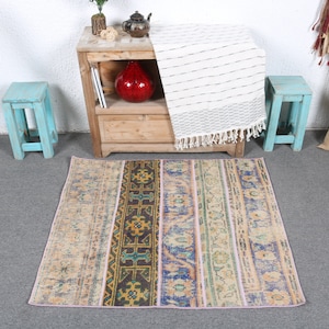 Vintage Rug, Turkish Rug, Patchwork Rug, Small Rug, Anatolian Rug, Rugs For Bathroom, 2.9x3.3 ft Blue Rug, Oushak Rugs, Door Mat Rug, 7198