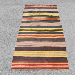 Vintage Turkish Accent Rug, Handwoven Striped Pattern, Brown Red Yellow, 3x6ft, Bohemian Home Decor