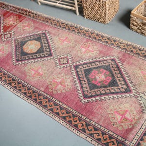 Vintage Rug, 3.3x9 ft Runner Rug, Red Pink Oushak Wool Rug