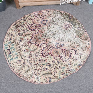 Small Rugs, Vintage Rug, Turkish Rug, Round Rug, Anatolian Rugs, Rugs For Bathroom, 3x3 ft Pink Rug, Door Mat Rugs, Small Tribal Rug,  7702