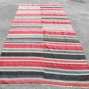Vintage Turkish Area Rug, Striped Multicolor Kilim, 4x9ft, Handmade Wool, Red and Neutral Tones, Unique Home Decor