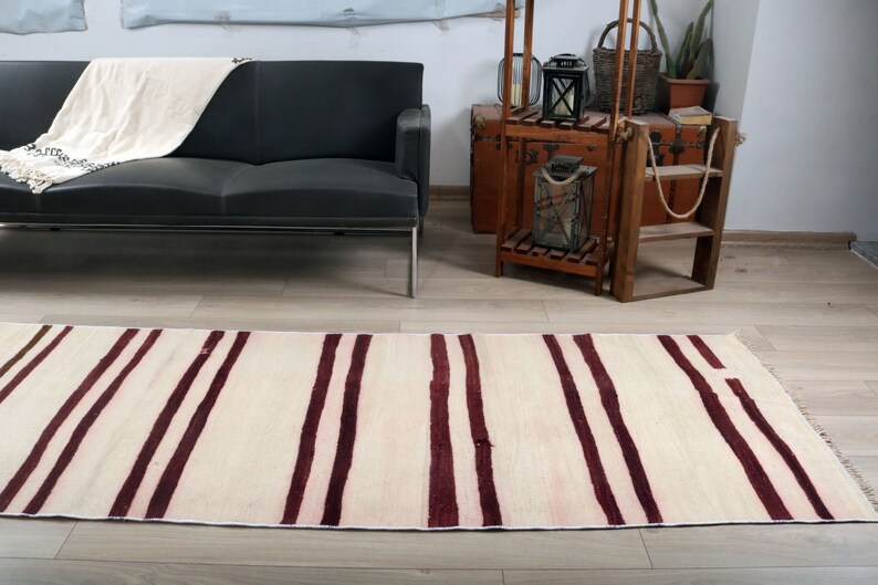 Striped Rug 95 x 350 cm Organic Rug Kilim Rug Hemp Rug 3.1 x 11.5 ft Runner Rug Old 114 Antibacterial Rug White Rug Turkish Rug
