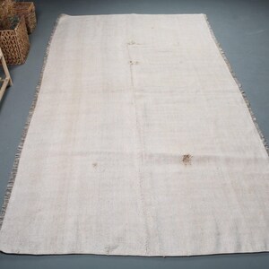 Vintage Turkish Area Rug, Handwoven Wool Carpet, Elegant Minimalist Design, Beige Tones, 8x5ft, Unique Home Decor