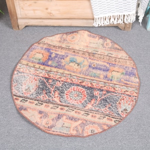 Round Rug, Turkish Rug, Small Rug, Vintage Rug, Patchwork Rugs, Rugs For Bathroom, 2.4x2.5 ft Brown Rug, Home Decor Rugs, Small Entry Rug,