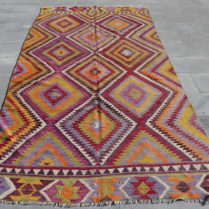 Handwoven Colorful Turkish Kilim Rug, Geometric Diamond Pattern, Vibrant Multicolor, 5x10ft, Bohemian Home Decor, Unique Area Carpet