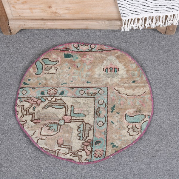 Tapis rond, tapis vintage, petit tapis, tapis turc, tapis anatolien, tapis pour entrée, tapis rose 1,8x1,8 pieds, tapis persans, tapis turc petit,