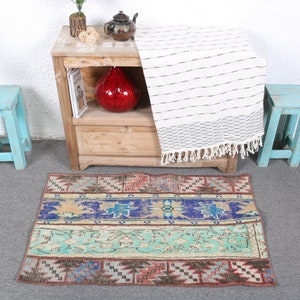 Turkish Small Rug, 2x3.1 ft Vintage Rug, Blue Oushak Wool Rug