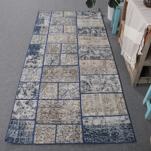 Turks vintage accenttapijt 3,2 x 7,1 ft, blauwe patchwork vloerkleed wol