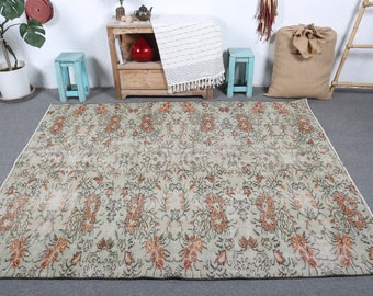 Area Rug, Vintage Rug, Turkish Rug, Anatolian Rug, Rugs For Dining Room, 5.6x6.7 ft Green Rug, Floral Oushak Rug, Gift For Him,  7399