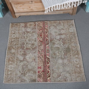 Small Rug Turkish Vintage Patchwork Antique Rugs For Bathroom 2.4x2.6 ft Brown Home Decor Decorative Natural Hand Tufted Boho Entry Office
