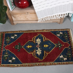 Turkish Rug Vintage Small Rugs Oushak For Entry 1.7x3.4 ft Red Door Mat Handwoven Bath Mat Organic Anatolian Home Decor Muted Floor Turkey