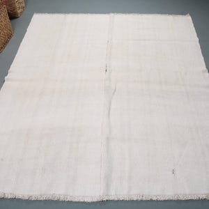 Turkish Area Rug, Neutral Cream Color, Handmade Wool Carpet, 5x6 ft, Minimalist Design, Vintage Look