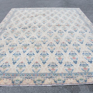 Turkish 8.9x11.9 ft Rug, Oversize Vintage Rug, Blue White Patchwork Rug