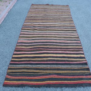 Vintage Turkish Kilim Rug, Handmade Striped Runner, 4x10ft, 125x317cm, Bohemian Decor, Wool Area Rug, Turkish Hallway Carpet, Unique Gift.