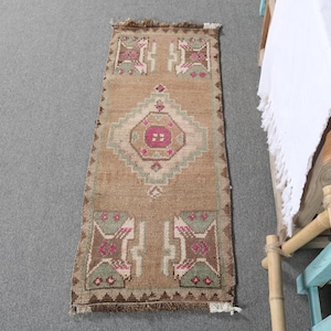 Vintage Rug, 2x4 Small Rug, Turkish Rug, Oushak Rugs, Rugs For Bathroom, 1.4x3.5 ft Brown Rug, Antique Wool Rug, Small Distressed Rug,