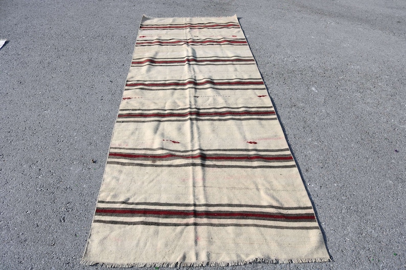 Tribal Hallway Rugs Vintage Kilim 3984 Turkish Kilim Striped Stair Kilim Runner Carpet 43x122 inches White Rug Home Decor Kilim