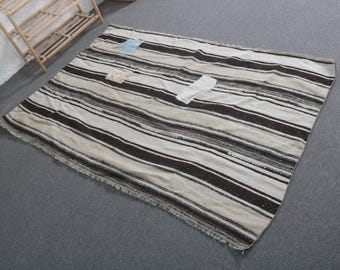 トルコラグ、ストライプ柄麻ラグ、5.4x3.6フィートのアクセントラグ