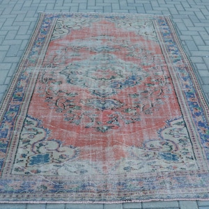 Vintage 5.2x7.6 ft Rug, Area Turkish Rug, Red Blue Patchwork Rug