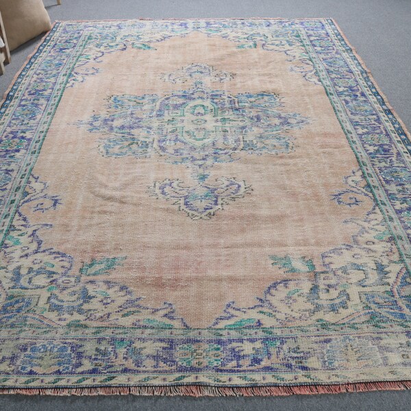 Turkish Rug, 7.1x9.8 ft Large Rug, Vintage Rug, Oushak Rugs, Rugs For Dining Room, Orange Bedroom Rugs, Madellion Design Rug,  7071