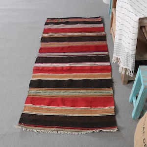 Vintage Kilim Turkish Rug, 2x5ft Handwoven Entryway Carpet, Red Striped Bohemian Decor, Ethnic Handmade Accent Rug
