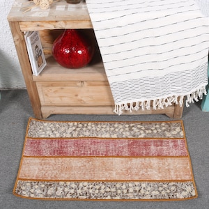 Vintage Rug, Small Rug, Turkish Rug, Patchwork Rug, Oushak Rug, Rugs For Bathroom, 1.5x2.7 ft Brown Rug, Entry Rug, Wool Door Mat,  7205