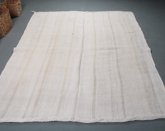 Alfombra vintage, alfombra turca de 1,77 x 2,10 m, alfombra de lana blanca con diseño abstracto.