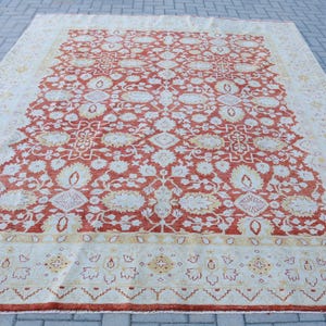 Vintage Turkish Rug, Large Area Carpet, Antique 8x10ft Oushak Rug, Red Floral Design, Office Decor, Handmade Wool Rug, Bohemian Style