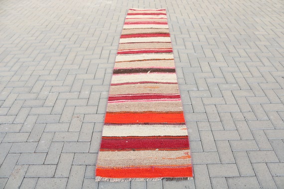Turkish Kilim, Runner Kilim, Vintage Kilim, Oushak Kilim, 26x126 inches Beige Kilim, Anatolian Kilim, Kitchen Kilim,  6359