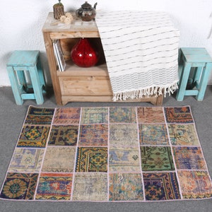 Small Rugs, Patchwork Rug, Vintage Rug, Turkish Rug, Anatolian Rug, Rugs For Bathroom, 2.5x3.9 ft Blue Rug, Door Mat Rug, Gift For Him, 7467