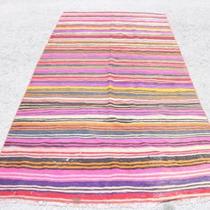 Handgeweven Turkse kelim, kleurrijk gestreept vloerkleed, 5 x 9 ft vintage wollen tapijt, boho woondecoratie