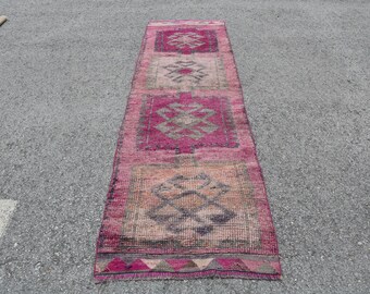Runner Rug, Turkish Rug, Vintage Carpet, Handwoven Pink Rug