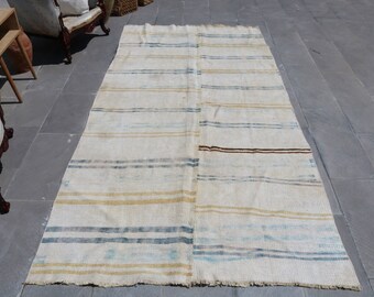 Turkish Rug, 4.8 x 9.7 ft , 146 x 296 cm, Hemp Rug, Blue Rug, Striped Rug, Runner Rug, Hallway Rug, Organic,Overdyed Hemp, Orgainc Rug,  163