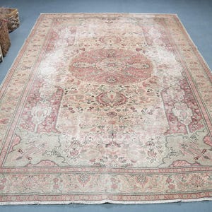 Vintage Turkish Rug, Handmade Large Rug, 7x10ft Wool Area Rug, Antique Floor Decor, Beige and Red Carpet, Living Room Oriental Rug