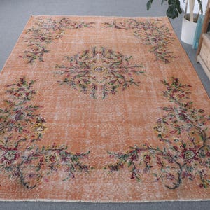 6x8 Large Rug, Turkish Rug, Vintage Rug, Decorative Rug, Rugs For Salon, 6x8.5 ft Orange Rug, Ivory Flatweave Area Rug, Oushak Wool Rugs,