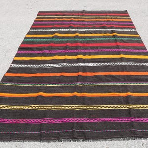 Turkish Kilim, Large Rug, Vintage Handmade, Home Decor, 6x9ft Brown Carpet, Striped Design, Living Room Decor Rug