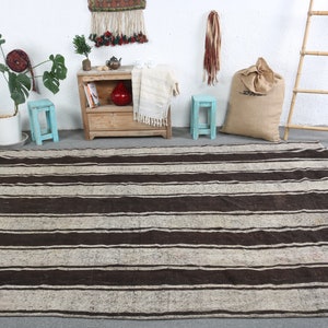 Turkish Kilim, Large Kilim, Vintage Kilim, Striped Kilim, Rugs For Bedroom, Oushak Kilim, Beige Kilim, Handwoven Kilim, Bedroom Kilim,  7158