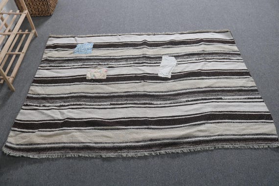トルコラグ、ストライプ柄麻ラグ、5.4x3.6フィートのアクセントラグ