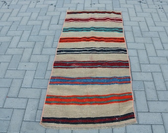 Vintage Turkish Rug, 2.4x5.1 ft Kilim Rug, Red Blue Patchwork Wool Rug
