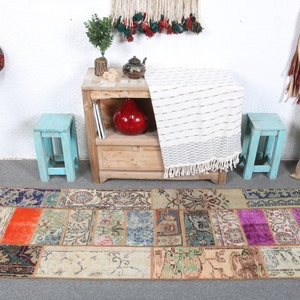 Alfombra de 2,1 x 6,8 pies, alfombra turca vintage, alfombra de lunares azules