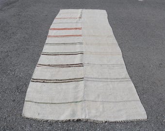 Vintage Runner Rug 4.1x11.4 ft, White Red Floral Rug Wool