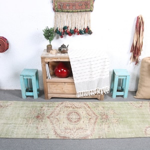 Runner Rug, Turkish Rug, Vintage Rug, Antique Rugs, Rugs For Corridor, 2.3x7.9 ft Green Rug, Floor Rug, Stair Rug, Wool Runner Rug,  7511