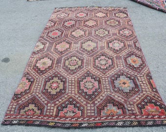 Turkish 5.2x9.4 ft Rug, Kilim Vintage Rug, Red Floral Rug Wool