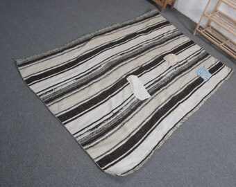 トルコラグ、ストライプ柄麻ラグ、5.4x3.6フィートのアクセントラグ