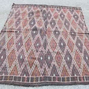 Vintage Turkish Area Rug, Multicolor Geometric Pattern, Handwoven Wool Carpet, Bohemian Home Decor, 5x5ft