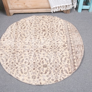 Runder Teppich, Kleiner Teppich, Türkischer Teppich, Vintage Teppich, Oushak, Teppich für den Eingangsbereich, 100 x 30 cm Beiger Teppich, Wollteppich, Geschenk für Sie, 7762