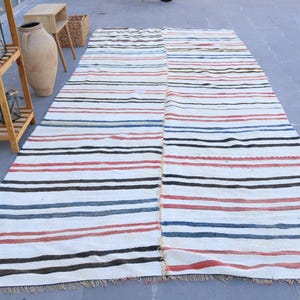 Turkish Kilim Rug, Handwoven Striped Design, Colorful Accent, 6x13ft, Vibrant Red and Blue, Authentic Woven Art, Large Area Rug