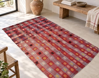 Turkish Vintage Bergama Rug, Knotted Wool Flatweave Kilim Rug, Red Check Geometric Pattern, 3.9x6.4, Rectangular Bedroom Area Rug