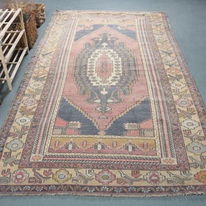 Vintage Turkish Area Rug, 5x9ft, Pastel Floral Geometric Pattern, Bohemian Pink Blue Decor, Handmade Wool Carpet